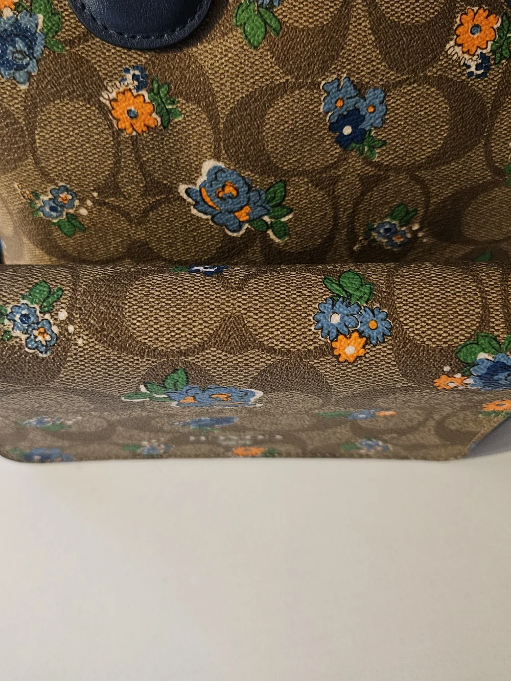 Coach Tan Signature Floral Satchel with Blue Trim and Matching Wallet